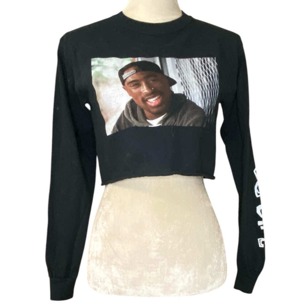 Bioworld Poetic Justice 2Pac Tupac Portrait Long Sleeve‎ Black Crop Top Sz S